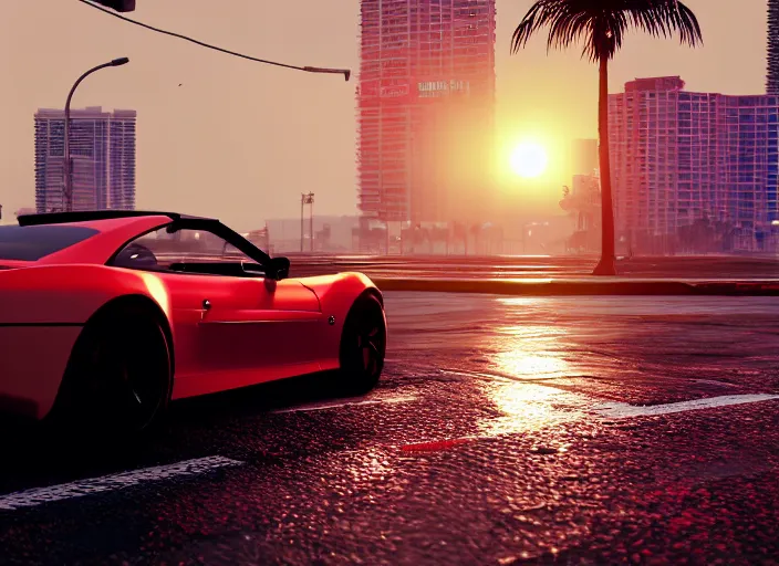 Image similar to still next - gen ps 5 game grand theft auto 6 2 0 2 4 remaster, graphics mods, rain, red sunset, people, rtx reflections, gta vi, miami, palms and miami buildings, photorealistic screenshot, unreal engine, 4 k, 5 0 mm bokeh, close - up concept sport car!, gta vice city remastered, artstation