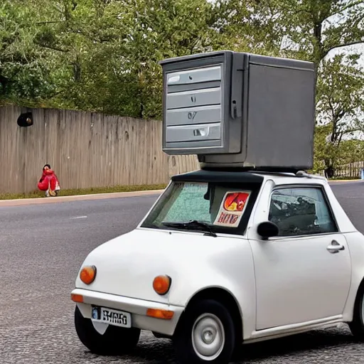 Image similar to a ((tiny)) car next to a mailbox