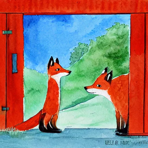 Image similar to a smug red fox in front of a hen house, watercolor illustration,