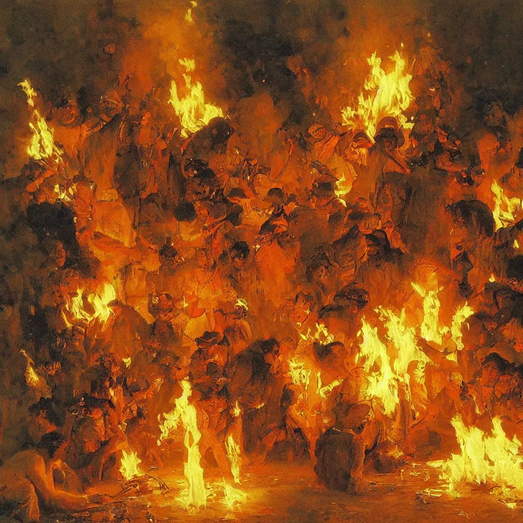 Image similar to high quality high detail painting by ilya repin, burning man, fire, flames, epic, hd