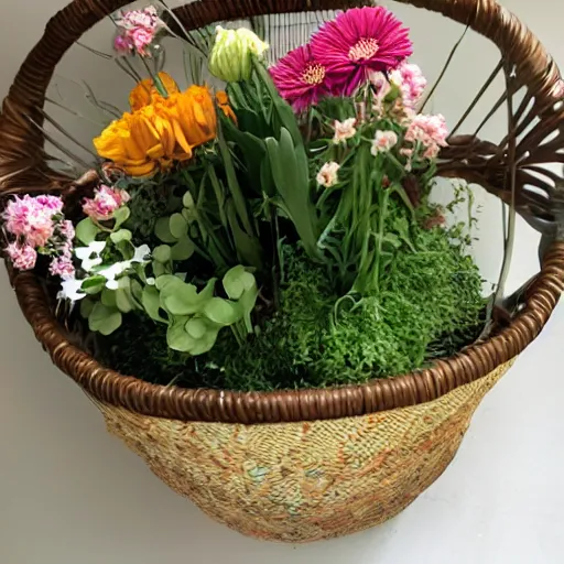 Prompt: a basket made of flowers