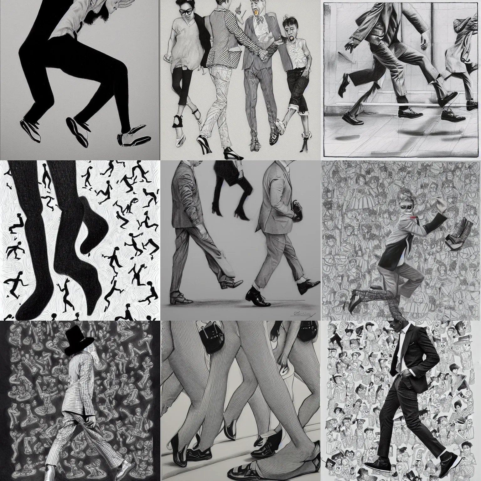 Prompt: ministry of silly walks by james jean, black and white, pencil drawing