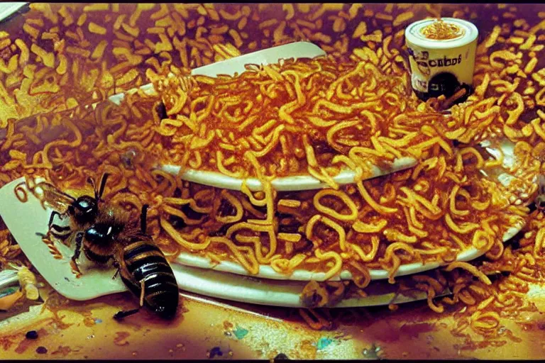 Image similar to mcdonald's fried bees in a yakisoba, in 1 9 9 5, y 2 k cybercore, advertisement photo. artwork by craig mullins