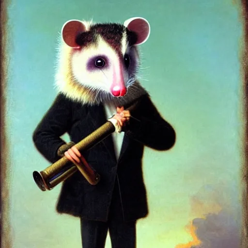 Prompt: an anthropomorphic opossum, by albert bierstadt, digital art, 3 d, studio lighting, post processing, smoking a big pipe, wearing sunglasses, wearing a fur coat