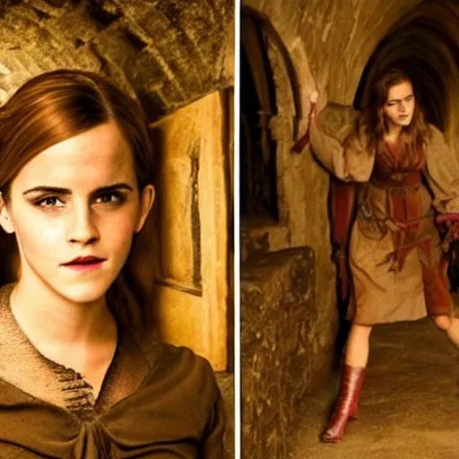 Prompt: photography emma watson fight with nicholas cage in a medieval wine cellar cinematic