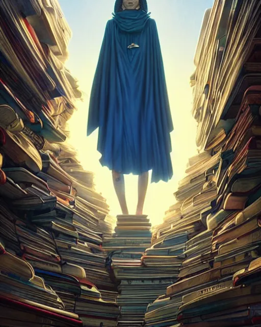 Image similar to highly detailed surreal vfx portrait of a female mage with a blue cape in a labyrinth of books, stephen bliss, unreal engine, greg rutkowski, loish, rhads, beeple, makoto shinkai and lois van baarle, ilya kuvshinov, rossdraws, tom bagshaw, alphonse mucha, global illumination, detailed and intricate environment