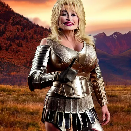 Prompt: Dolly Parton as a leading warrior, wearing Spartan leather armor, cinematic, photography, promotional advertising, rocky mountain range, sunset background