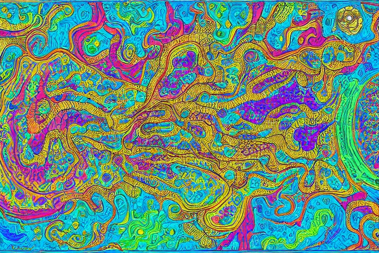 Image similar to Map of a psychedelic realm highly detailed, full color