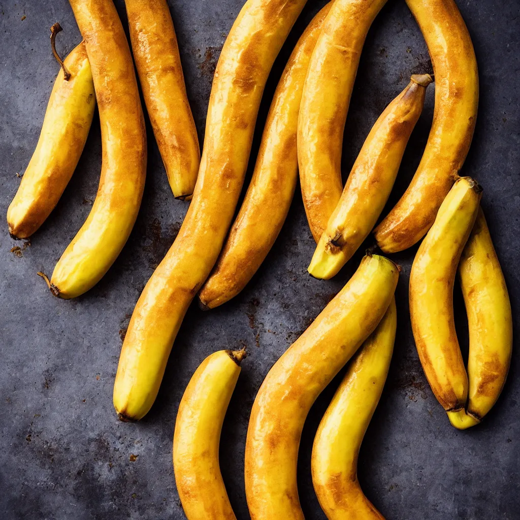 Image similar to long ripe bananas with orange skin, closeup, hyper real, food photography, high quality