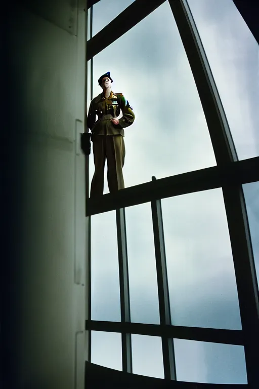 Image similar to kodak portra 5 0 mm f 4 full body portrait photography of a wwii airborne infantry soldier who's a mix of gillian anderson and adam driver, looking exhausted, setting is inside a sci fi megastructure tower looking out a window, photo by erwin olaf