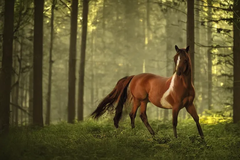 Image similar to beautiful horse in the forest evening natural light, fireflies, 200mm by Emmanuel Lubezki