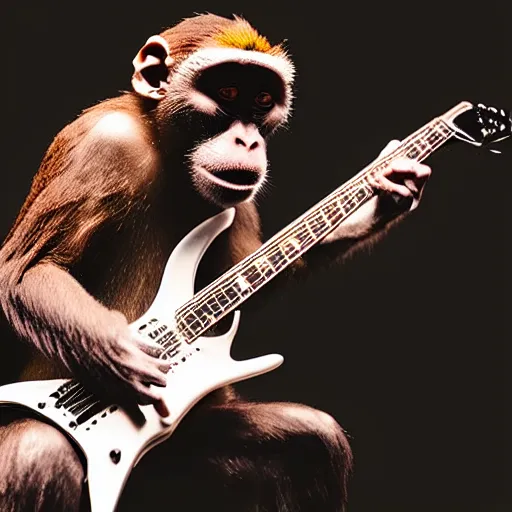 Prompt: monkey shredding electric guitar at metal concert