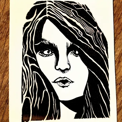 Prompt: woodcut of a beautiful girl's portrait, tree rings, ink on canvas