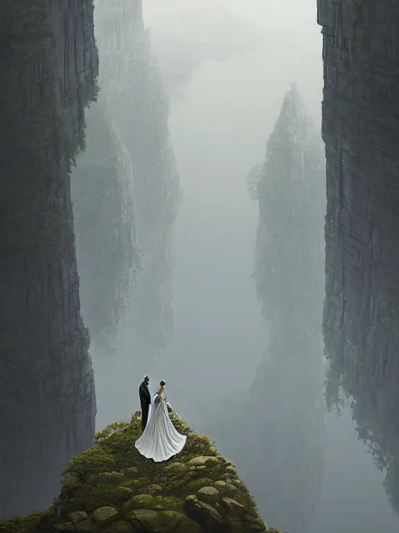 Image similar to bride and groom centered, high symmetry, intimacy, realism, intricate abstract, elegant, looking down a cliff, tall pillar, short perspective, neutral colors, dark lighting, by greg rutkowski, by simon stalenhag