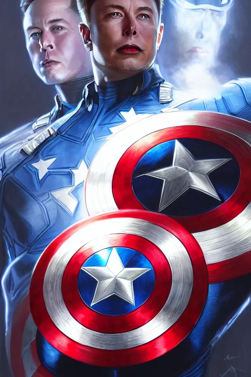 Image similar to elon musk as captain america, marvel character, portrait, highly detailed, digital painting, artstation, concept art, smooth, sharp focus, illustration, cinematic lighting, art by artgerm and greg rutkowski and alphonse mucha