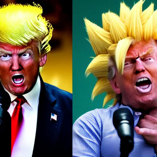 Image similar to super saiyan donald trump, super saiyan, dragon ball style, super saiyan hair, donald trump