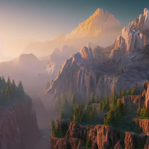 Image similar to cascade of multiple gigantic nancy pelosi, epic mountains in the background, sunrise, fantasy illustration, matte painting, concept art, low angle shot, volumetric lighting, volumetric atmosphere, morning mist, art by james gurney, unreal engine 5, 8 k