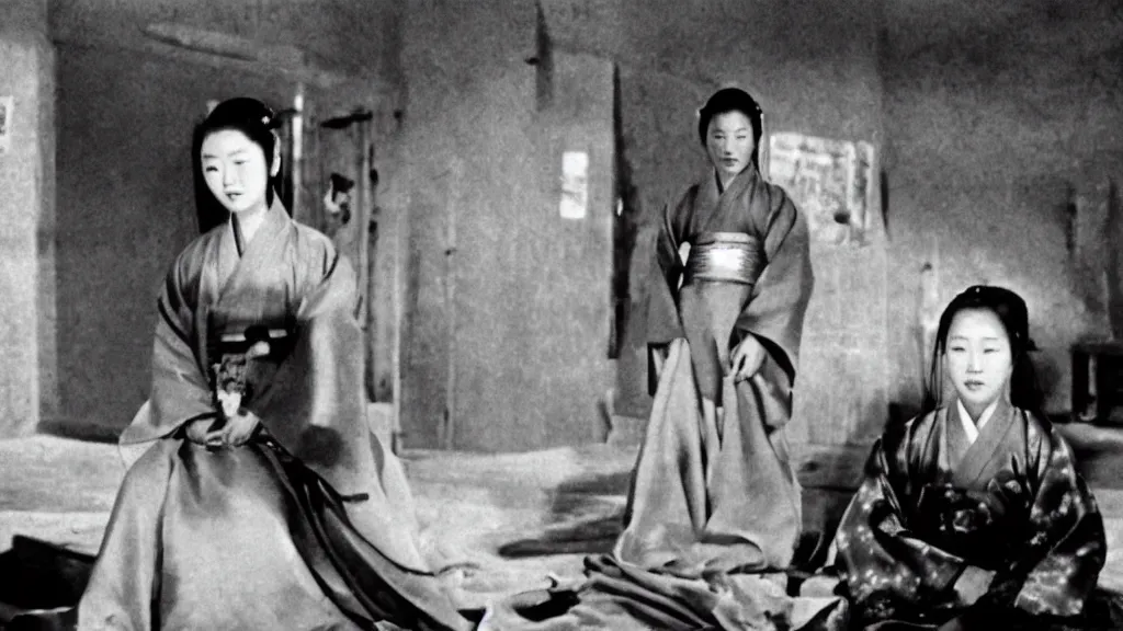 Image similar to shadow of a monstrous starfish behind a woman in hanbok sitting on a couch, traditional korean interior, in rashomon a kaiju - eiga monster movie by akira kurosawa and ishiro honda