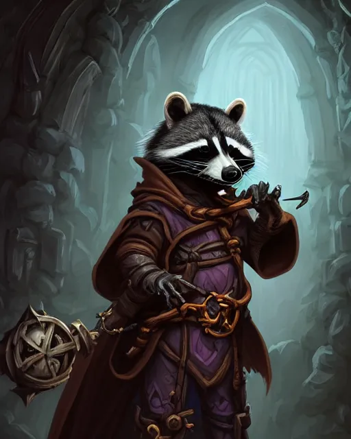 Image similar to anthropomorphic hooded necromancer raccoon casting a spell in a dungeon, deep focus, d & d, fantasy, intricate, elegant, highly detailed, digital painting, artstation, concept art, matte, sharp focus, illustration, hearthstone, art by artgerm and greg rutkowski and alphonse mucha