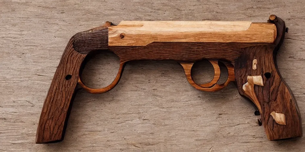 Image similar to a magic gun made out of wood, intricate details, professional