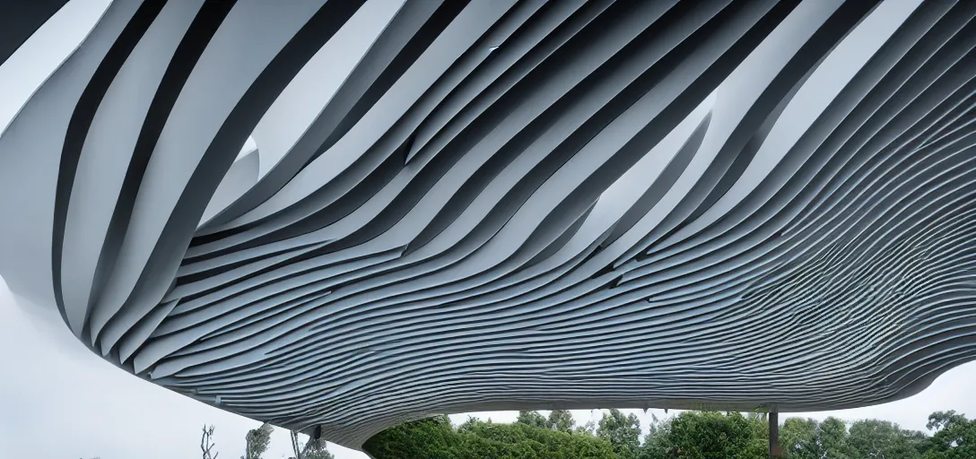 Image similar to sculptural curved roof planes lift and descend creating shade and architectural expression, boolean subtraction dramatic void form, highly detailed, vivid color, mist, dusk