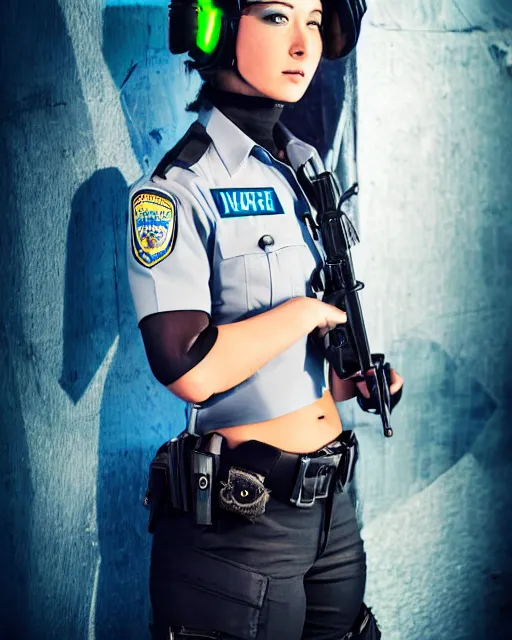 Image similar to young female police officer, neon, cyberpunk, futuristic clothing