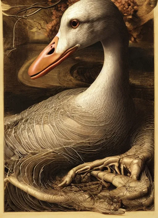 Prompt: portrait of a goose with translucent skin, visible muscles and veins and arteries and bones and spines and nerves, beautiful detailed intricate insanely detailed octane render, 8k artistic photography, photorealistic, chiaroscuro, by David Cronenberg, Raphael, Caravaggio