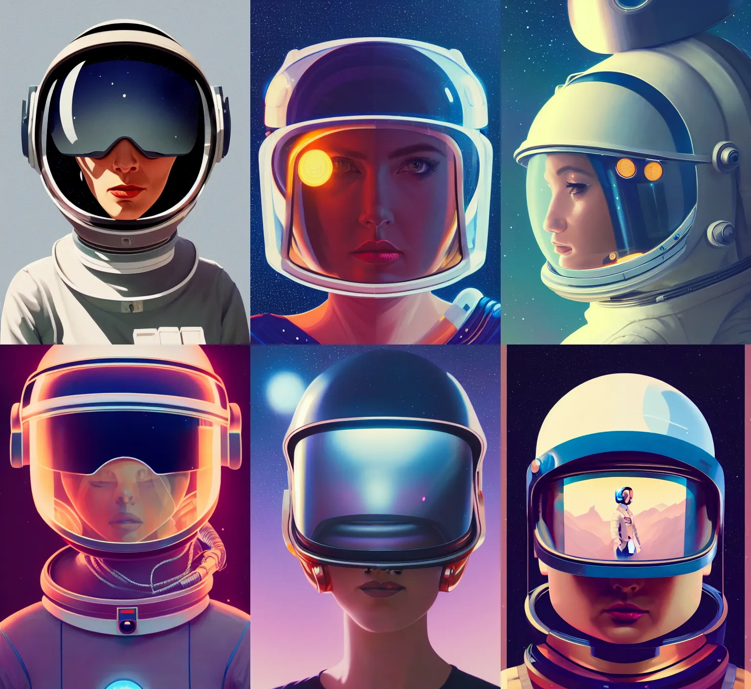 Prompt: retrofuturistic portrait of a woman in astronaut helmet, reflective visor, space graphics art in background, close up, quint buchholz, wlop, dan mumford, artgerm, liam brazier, peter mohrbacher, raw, featured on artstation, octane render, cinematic, elegant, intricate, 8 k