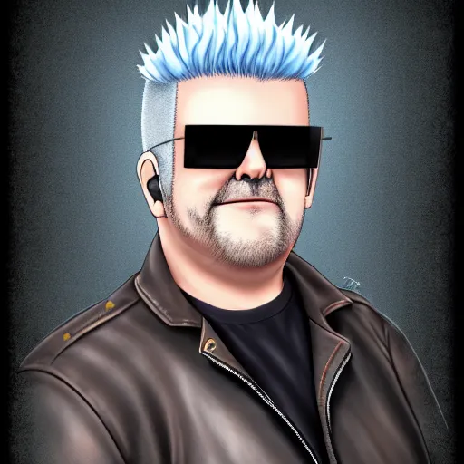 Prompt: a slightly chubby middle aged man with a grey hair mohawk wearing a leather jacket, heart shaped sunglasses, jeans, and a tshirt. blender art, illustrations, pixiv, by ribosoma _ 4 2, guweiz