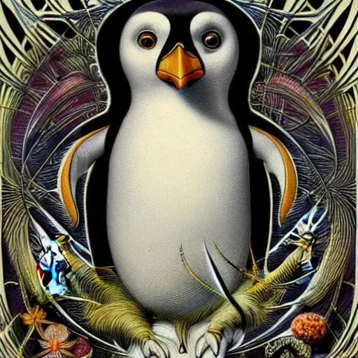 Image similar to cyborg penguin by ernst haeckel, masterpiece, vivid, very detailed