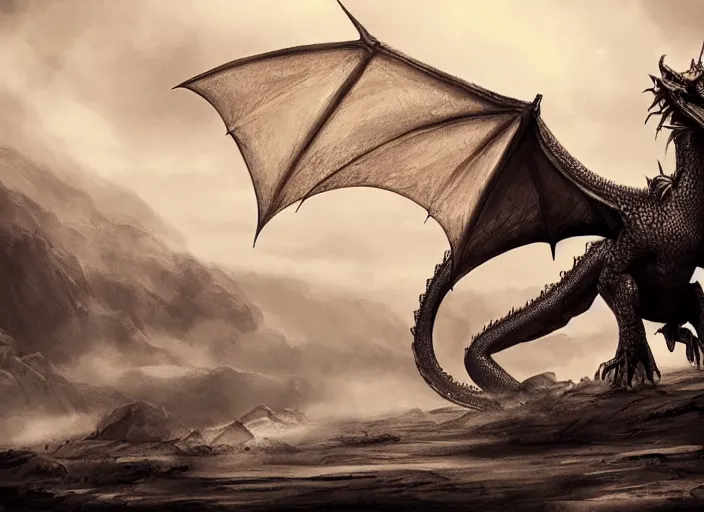 Prompt: dragon on the ground standing, epic, cinematic, fantasy art, concept art, photorealistic, highly detailed,