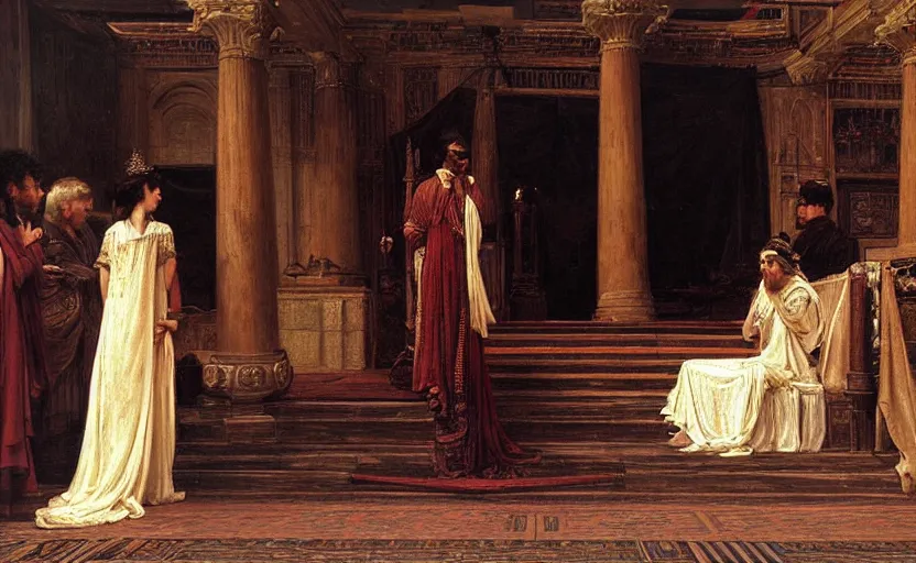 Image similar to an extremely detailed, realistic painting of penelope : : a beautiful queen on a platform in a throne room : : ancient greece : : thick smoke : : a throne room filled with servants : : old beggar in the foreground : : in the style of john william waterhouse, frederick s. church, john collier, mysterious mood, cinematic