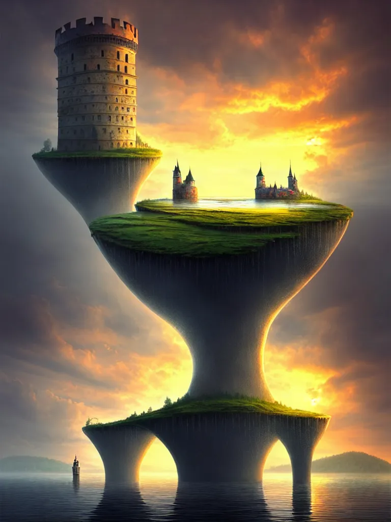 Image similar to gediminas pranckevicius an immense gigantic ornated iron cup with a lake inside, water in excess droping by, boats, castle, sunset, volumetric light, godrays, diorama