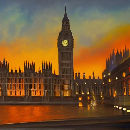 Image similar to detailed, soft, dynamic painting of the Big Ben in flames, burning, arson, professional painting, at dusk