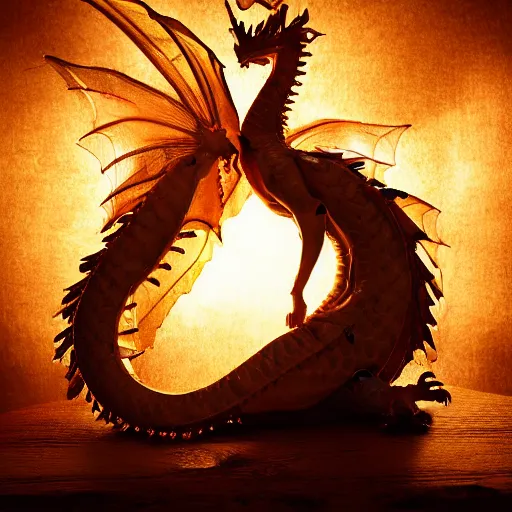 Prompt: a dragon made of honey, sitting on a sorcerer’s desk. the dragon is transparent. you can see light shining through the wings. honey is dripping everywhere. rim light, studio lighting, 8k