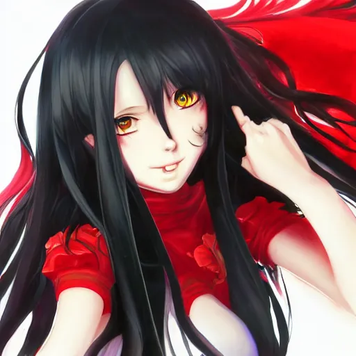 Prompt: long black haired hime cut anime girl, red eyed, wearing red short dress, wielding black blade, portrait made by Stanley Artgerm, WLOP, Rossdraws, James Jean Andrei Riabovitchev, Marc Simonetti, Yoshitaka Amano, Artstation