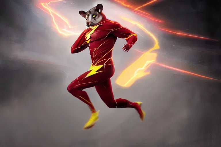 Image similar to a stunning digital painting of a opossum as the flash in spandex costume, running in the speedforce by greg rutkowski, volumetric light, digital art, fine detail, photorealistic