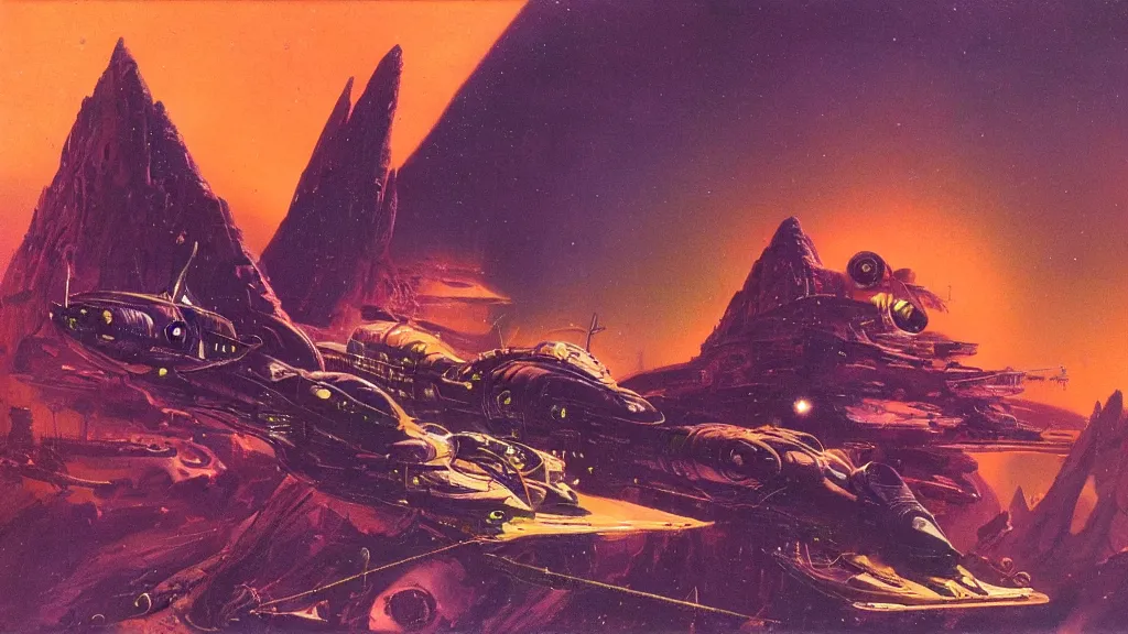 Image similar to spaceship design by paul lehr and jack gaughan and john schoenherr, epic cinematic matte painting