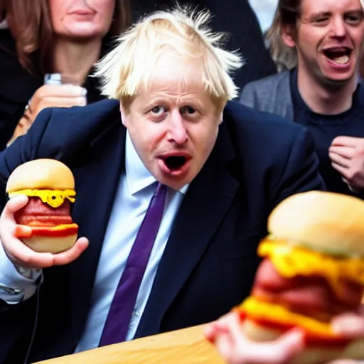 Image similar to boris johnson eating a hotdog mouth wide open