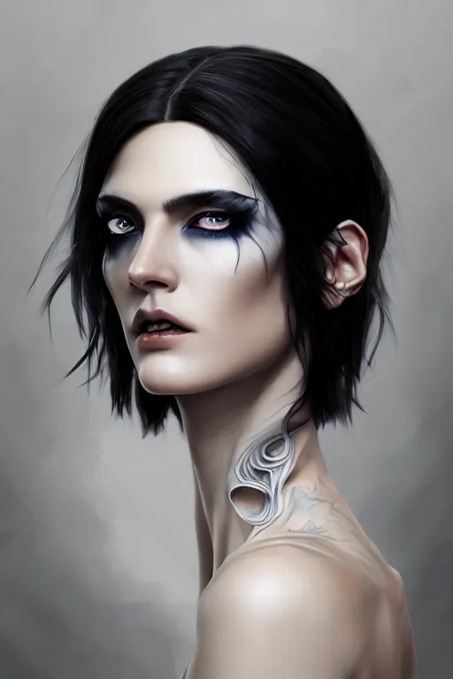 Image similar to ultra realistic style illustration of an androgynous gorgeous witch with shoulder length black hair pale skin and beautiful eyes, headshot, sci - fi, fantasy, intricate, elegant, highly detailed, digital painting, artstation, concept art, smooth, sharp focus, illustration, 8 k frostbite 3 engine, ultra detailed