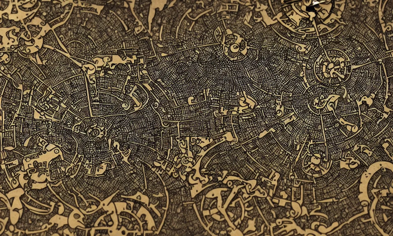 Prompt: close up of clockwork steampunk town map of fantasy land with a castle and buildings