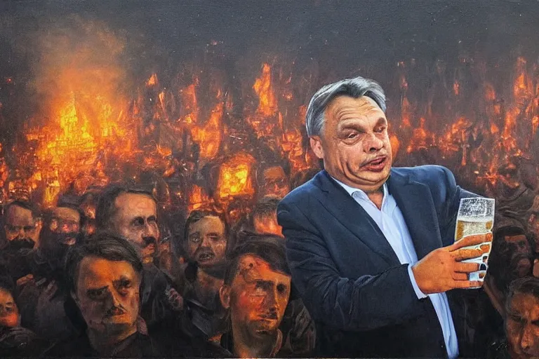 Image similar to viktor orban drinking beer and cheering at the apocalyse in front a burning city, highly detailed eyes, oil on canvas