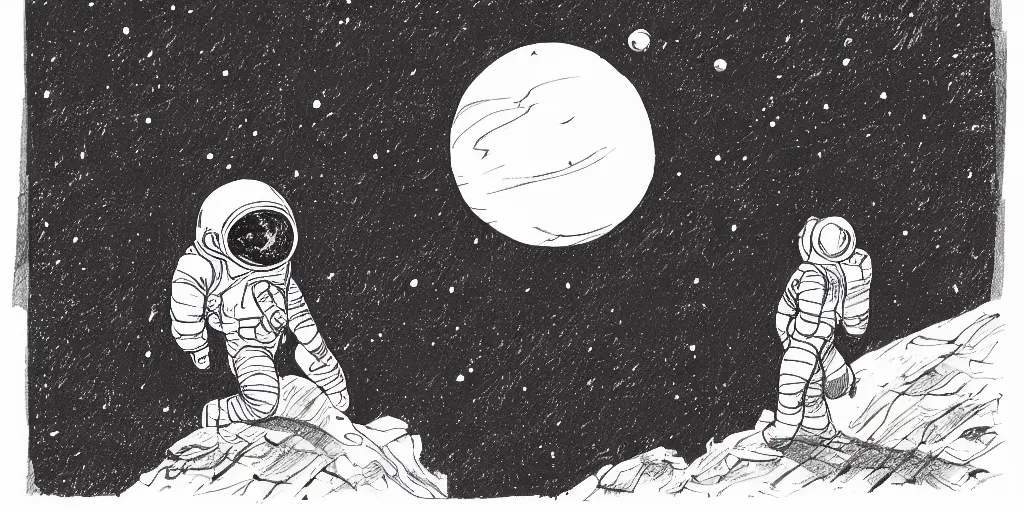 Prompt: ink lineart drawing of a planet, looming over an astronaut's shoulder, wide angle, space background, artstation, etchings by goya, chinese brush pen, illustration, high contrast, deep black tones contour