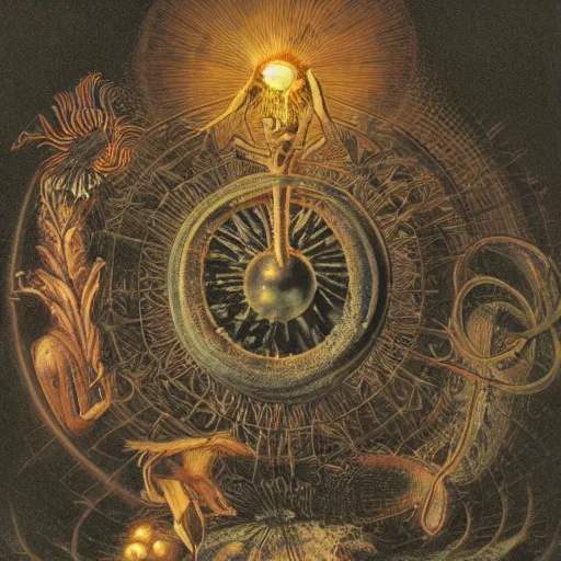 Image similar to whimsical freaky creature sings a unique canto about'as above so below'being ignited by the spirit of haeckel and robert fludd, breakthrough is iminent, glory be to the magic within