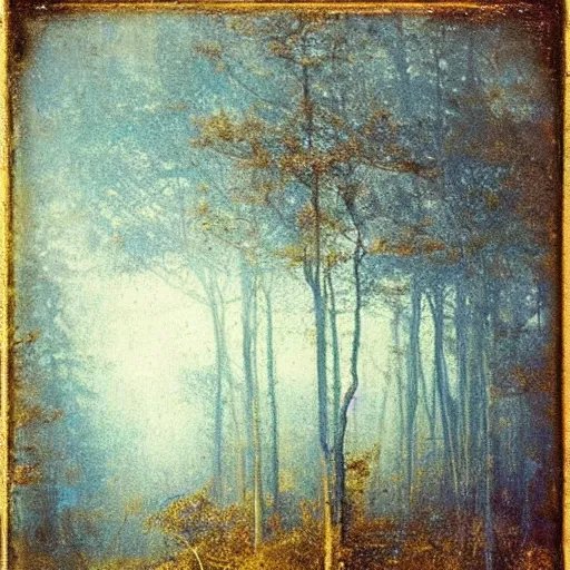 Image similar to a foggy blue golden forest, daguerreotype by gustave moreau, art noveau, highly detailed, strong lights, liminal, eerie, Bright pastel colors