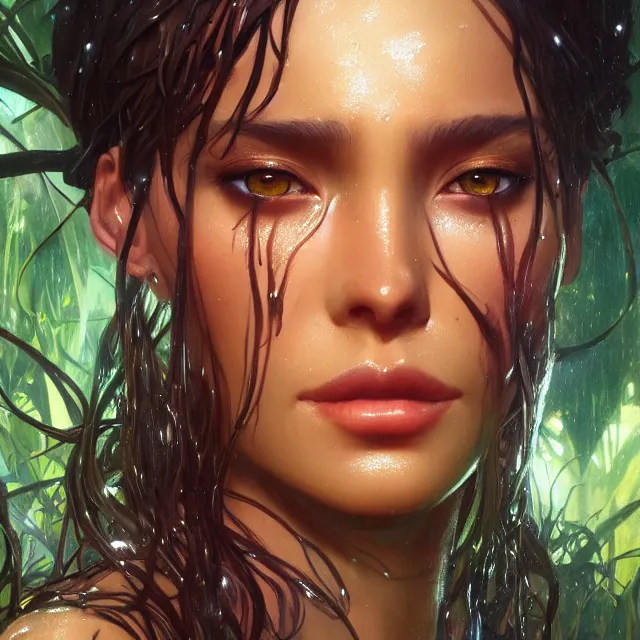 Prompt: close up portrait of beautiful! female, fantasy jungle setting!, shiny wet skin!!, wet hair, raytracing, art by artgerm, greg rutkowski and alphonse mucha, artstation, octane render,