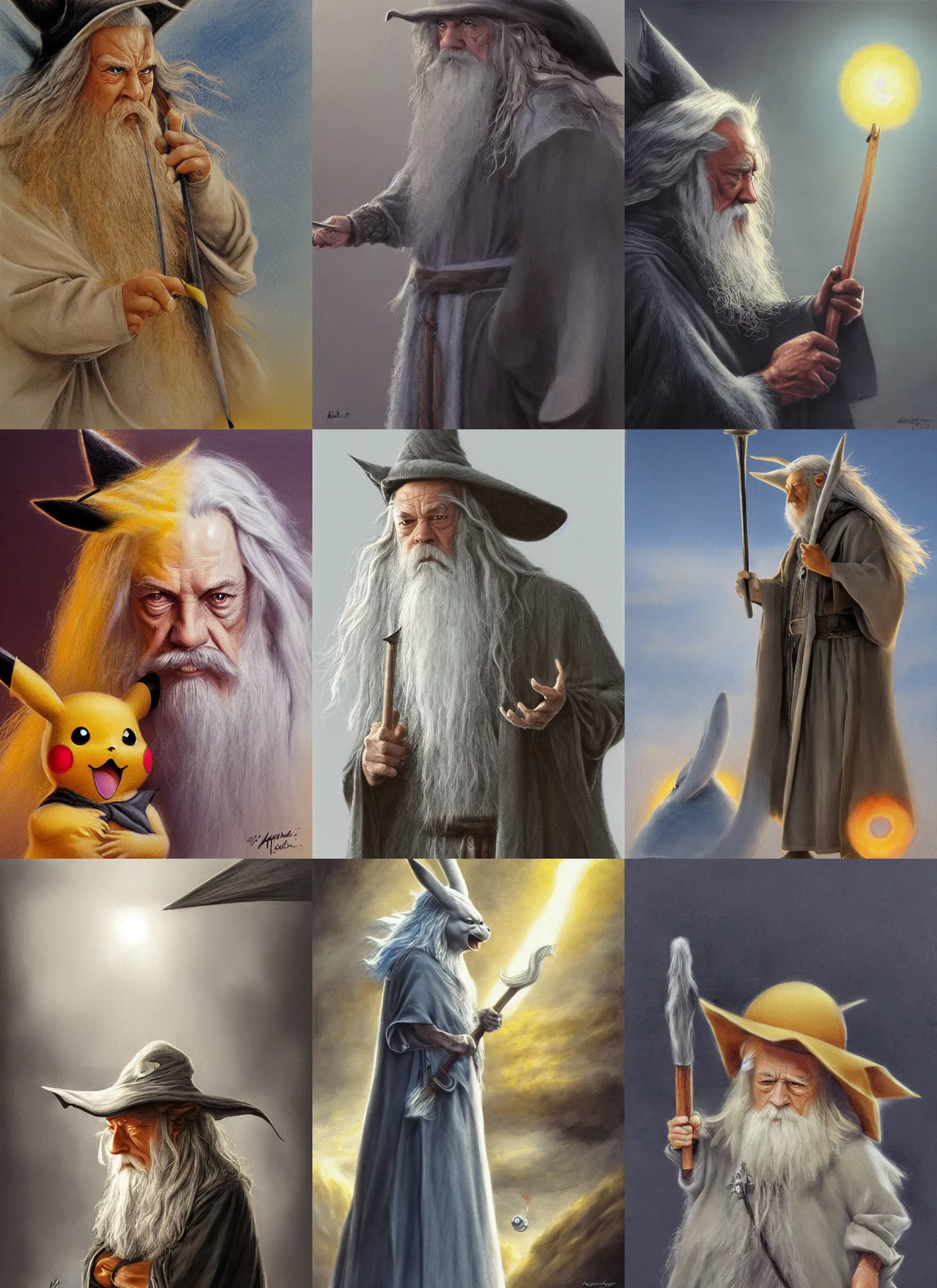 Prompt: Pikachu as Gandalf by Alan Lee, sunset, concept art, detailed clothing, art station, oil painting