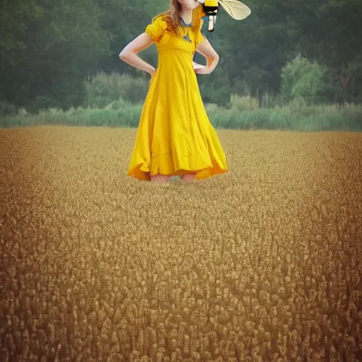 Image similar to a girl in a yellow dress riding a giant bee in the field, trending on artstation