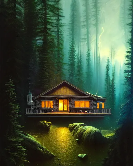 Prompt: a hyper - detailed 3 d render like an oil painting of cabin in the woods floating through space and time!!!!! surreal concept art, lifelike, photorealistic, digital painting, aesthetic, smooth, sharp focus, artstation hd, by greg rutkowski, bruce pennington, valentina remenar, rhads, asher duran,