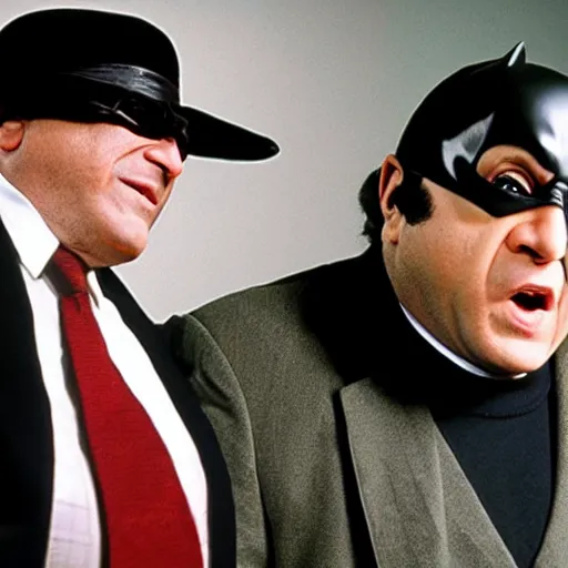 Image similar to Danny DeVito as the batman fighting George Clooney as the penguin